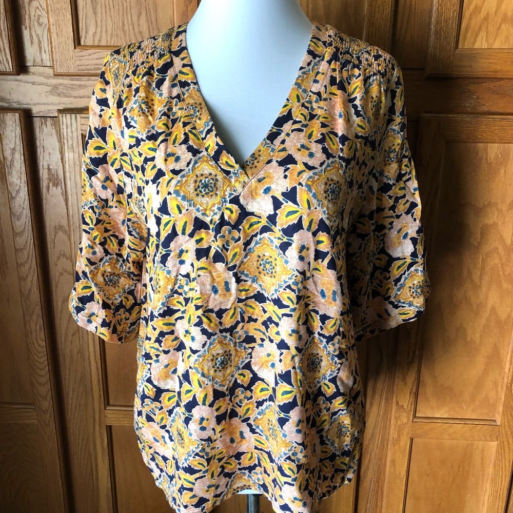 Hinge Yellow Floral Smocked 3/4 Sleeve Top Blouse Sz M